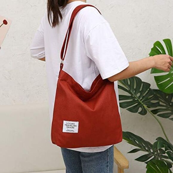 Women's Red Brown Imported Canvas Retro Large Size Shoulder Crossbody Tote Bag - Picture 4 of 4